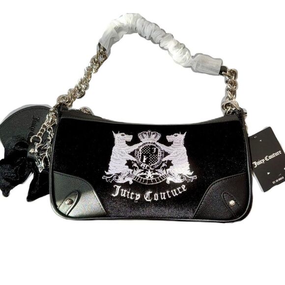 Juicy Couture Black Velour Hollyhock Chain Link Strap Shoulder Bag w/ Mini Pouch - Picture 14 of 16